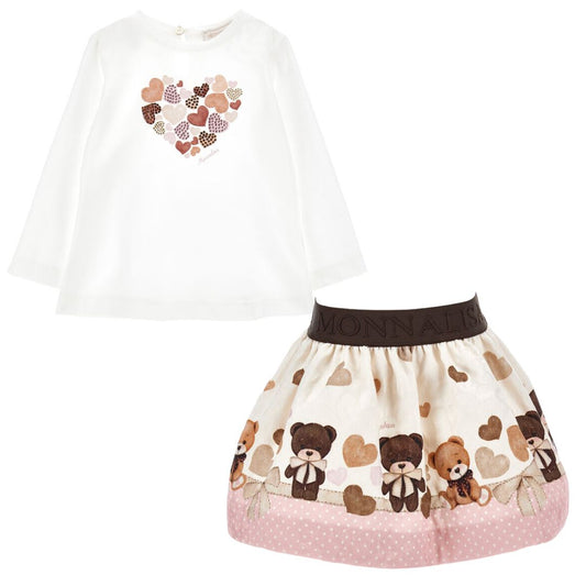 Ivory Bear & Hearts Skirt Set
